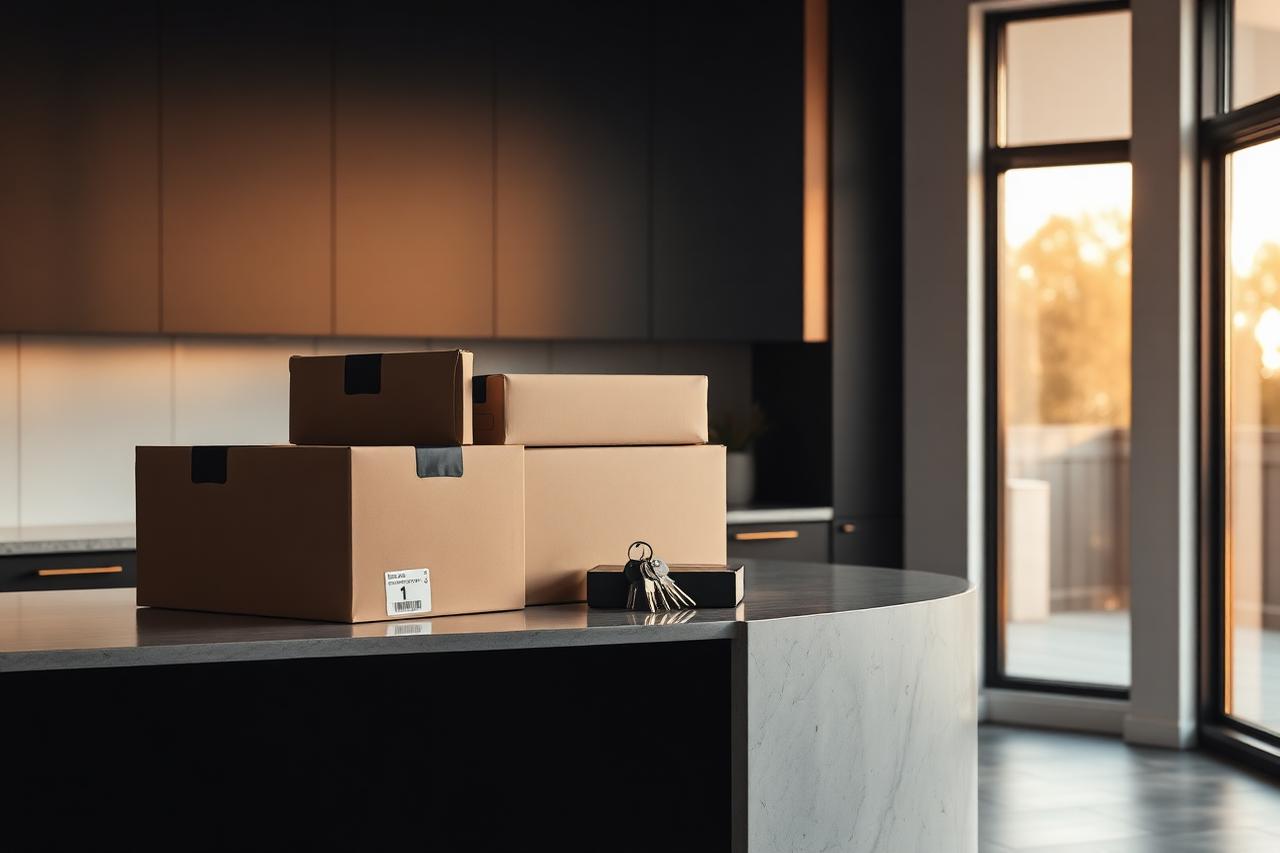 Cajas de mudanza y llaves sobre la isla de cocina de una casa nueva